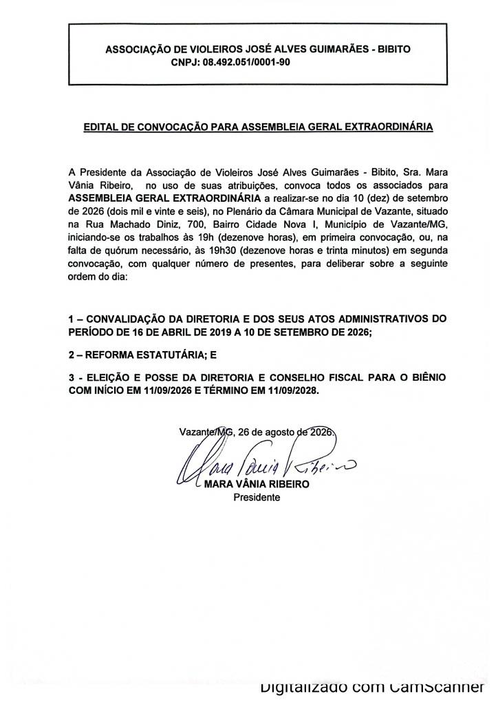 Associação de Violeiros de Vazante convoca associados para eleição da nova diretoria